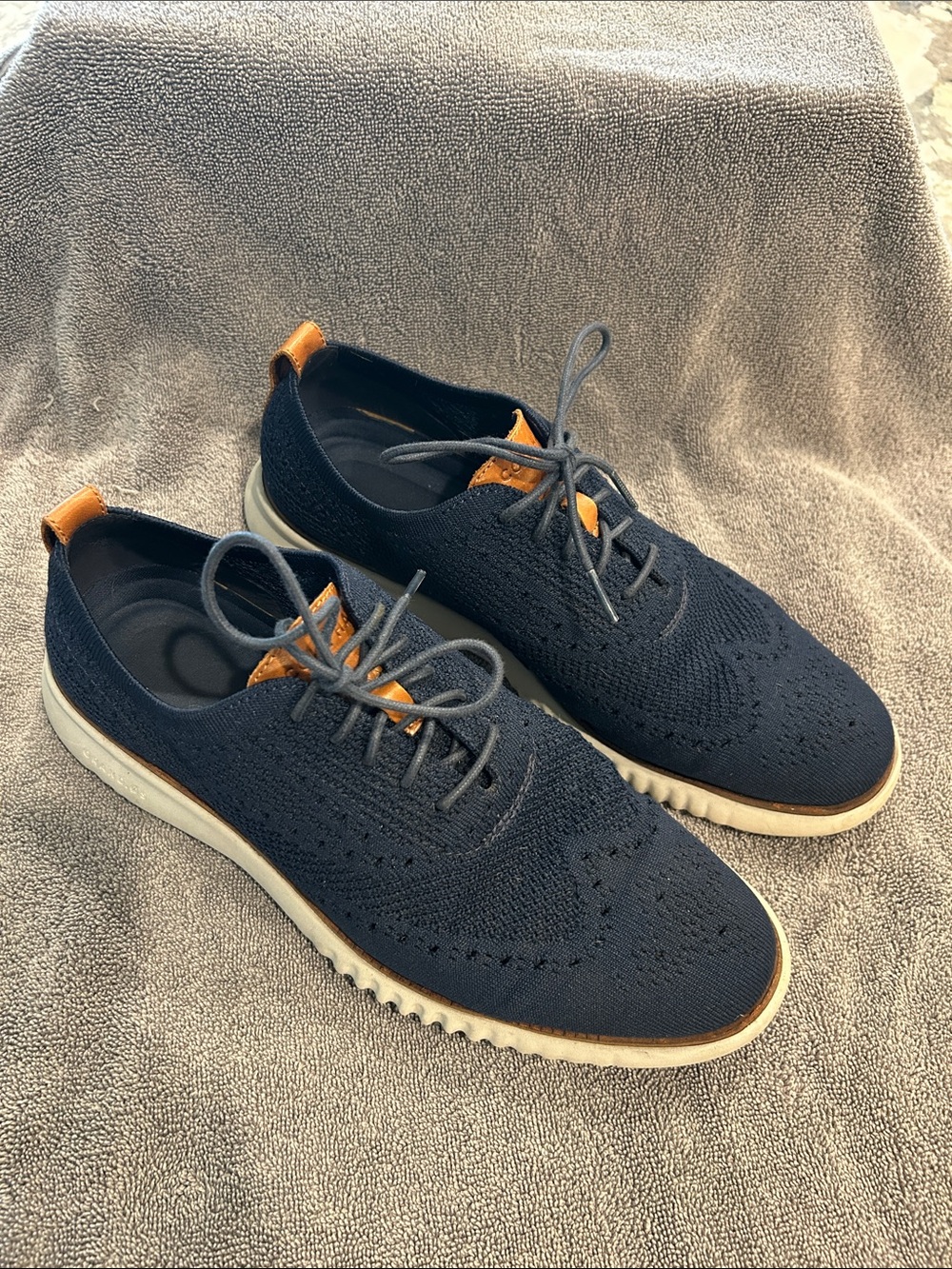 Cole Haan Navy Knit Derby Oxfords with Tan Accents and Gray Sole